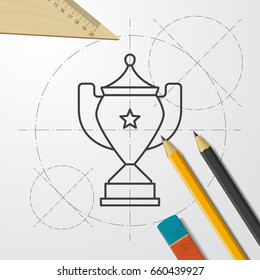 Vector blueprint trophy goblet icon on engineer and architect background . Winner award 