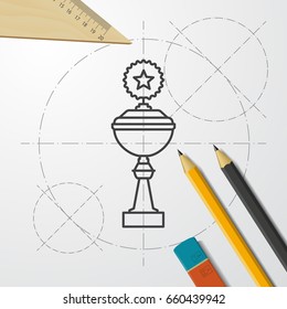 Vector blueprint trophy goblet icon on engineer and architect background . Winner award 