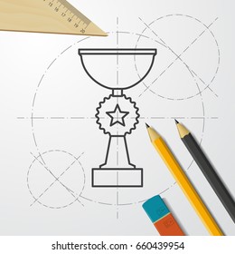 Vector blueprint trophy goblet icon on engineer and architect background . Winner award 