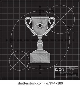 Vector blueprint trophy goblet icon on engineer and architect background . Winner award 
