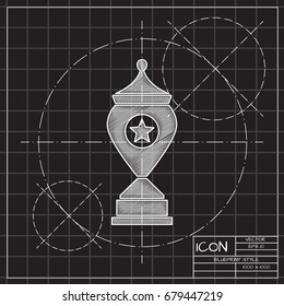 Vector blueprint trophy goblet icon on engineer and architect background . Winner award 