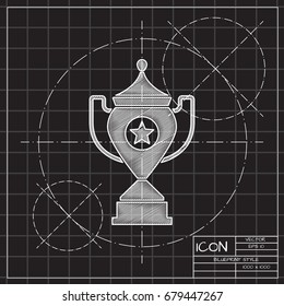 Vector blueprint trophy goblet icon on engineer and architect background . Winner award 