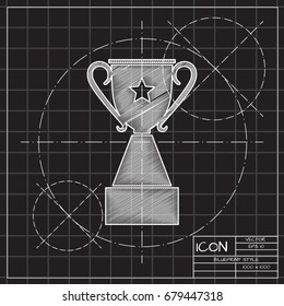 Vector blueprint trophy goblet icon on engineer and architect background . Winner award 