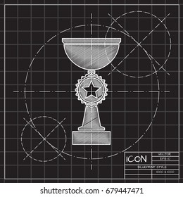 Vector blueprint trophy goblet icon on engineer and architect background . Winner award 