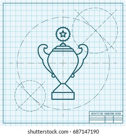 Vector blueprint trophy goblet icon on engineer and architect background . Winner award 