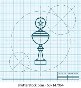 Vector blueprint trophy goblet icon on engineer and architect background . Winner award 