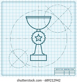 Vector blueprint trophy goblet icon on engineer and architect background . Winner award 