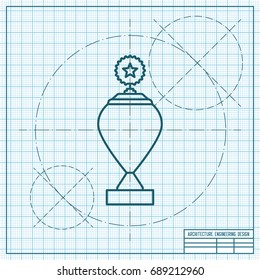 Vector blueprint trophy goblet icon on engineer and architect background . Winner award 