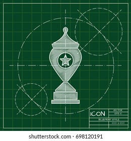 Vector blueprint trophy goblet icon on engineer and architect background  . Winner award 