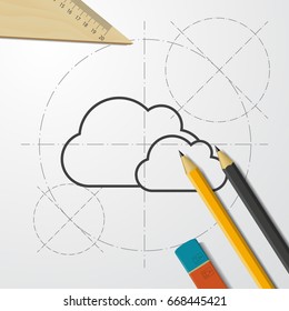 Vector blueprint two clouds icon on engineer and architect background 