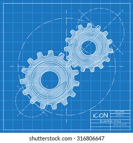 Vector blueprint two cogwheels icon on engineer or architect background.  