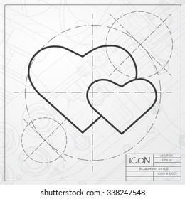 Vector blueprint of two hearts icon on engineer or architect background 