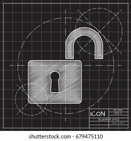 Vector blueprint unlocked lock icon on engineer and architect background. Business collection 