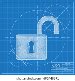 Vector blueprint unlocked lock icon on engineer and architect background. Business collection