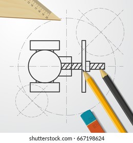 Vector blueprint valve icon on engineer and architect background 