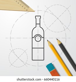 Vector blueprint vine bottle template on engineer and architect background 