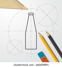 Vector blueprint water bottle on engineer and architect background 