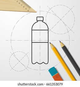 Vector blueprint water bottle on engineer and architect background 