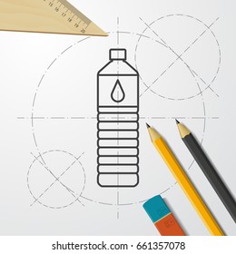 Vector blueprint water bottle on engineer and architect background 