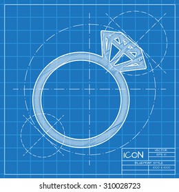 Vector blueprint wedding ring icon. Engineer and architect background. 