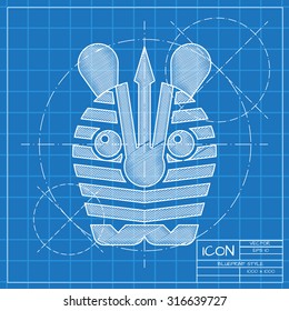 Vector blueprint zebra icon on engineer or architect background.  