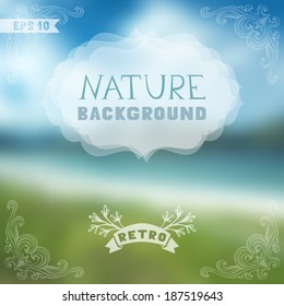 Vector blur landscape with ornate badge and vintage corners. Blur retro backdrop. Travel design. There is place for your text.