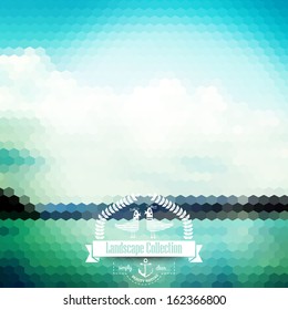 Vector  blure landscape with hipster badge. Beautiful lake view.Label design with seagulls. Hexagon. Laurel wreath with birds and anchor. Retro backdrop. Blur. Bokeh. Maritime. Landscape. Turquoise