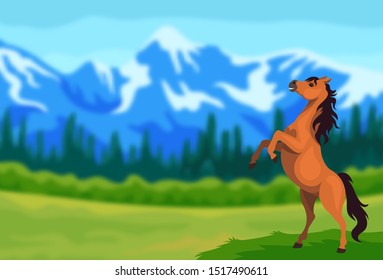 Vector blured mountain landscape with cartoon rearing mustang 