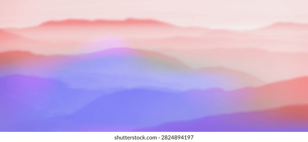 Vector blurred abstract turbid colored background or wallpaper. Morning fog, mountains or blur hills. Watercolor stains and spots. Dense grid. Wide banner, poster, design element or blurry flyer. Haze