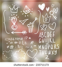 Vector blurred backgraund, nature view. Web and mobile interface template. Website design. Alphabet and objects drawing freehand pencil style. vector