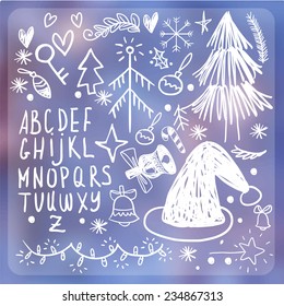 Vector blurred backgraund, nature view. Web and mobile interface template. Website design. Set of Christmas items drawing freehand pencil style. vector
