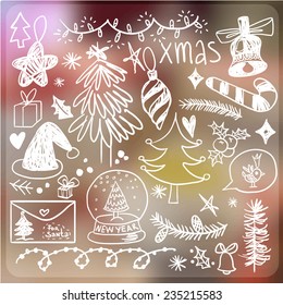 Vector blurred backgraund, nature view. Web and mobile interface template. Website design. Set of Christmas items drawing freehand pencil style. vector