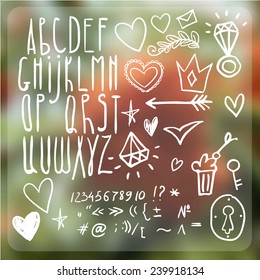 Vector blurred backgraund, nature view. Web and mobile interface template. Website design. Alphabet and objects drawing freehand pencil style. vector