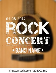 Vector blurred background with acoustic guitar. Rock concert design template with watercolor splatter and place for text.