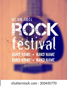 Vector blurred background with acoustic guitar. Rock festival design template with watercolor splatter and place for text.