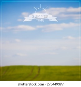 Vector blurred background. Agricultural landscape - green field shoots and blue sky with clouds. Inscription on ribbon: Summer time