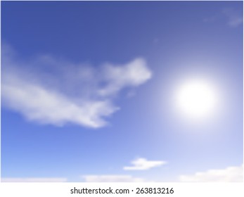 Vector blurred background of blue sky with clouds and sun