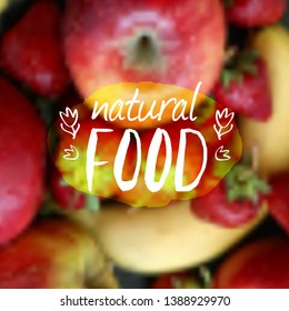 Vector blurred background with fruits and eco label. Healthy fresh food, vegetarian and eco concept. Can be used for presentation, web, flyer, magazine, cover, poster.