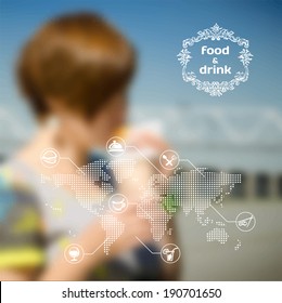Vector blurred background with girl eating a hamburger. Infographics on food and drinks