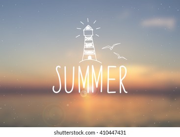 Vector blurred background with lettering - summer and doodle lighthouse. Website banner with sun glow.