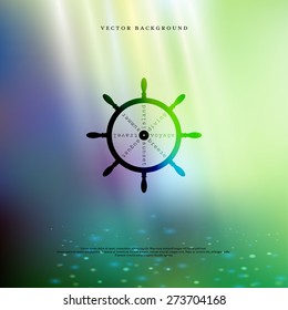 Vector blurred background in marine style. Badge in the shape of steering wheel. The image looks like steering wheel above the seafloor.