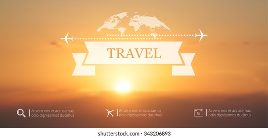 Vector blurred background, nature view. Sunset at a sea. Travel concept with info graphic elements and world map.