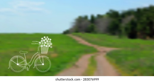 Vector blurred background with road. Bicycle with a basket of flowers
