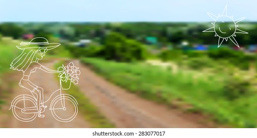 Vector blurred background with road. Girl, bicycle with a basket of flowers, sun