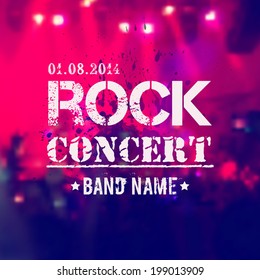 Vector blurred background with rock stage and crowd. Rock concert design template with watercolor splatter and place for text.