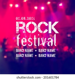 Vector blurred background with rock stage and crowd. Rock festival design template with place for text.