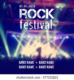 Vector blurred background with rock stage and crowd. Rock festival design template with place for text.