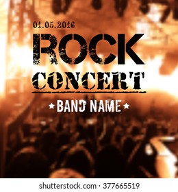 Vector blurred background with rock stage and crowd. Modern grunge rock concert design template with place for text.