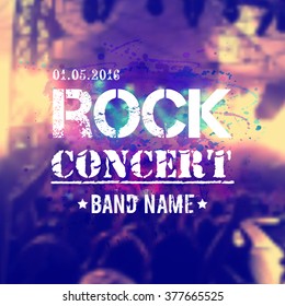 Vector blurred background with rock stage and crowd. Rock concert design template with watercolor splatter and place for text.
