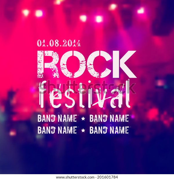 Vector blurred background\
with rock stage and crowd. Rock festival design template with place\
for text.